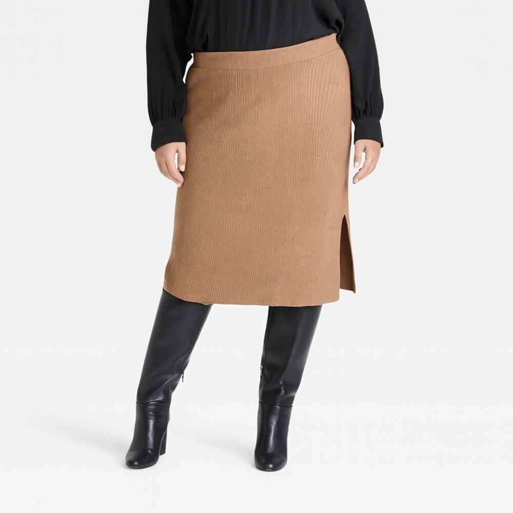 Ava & Viv Plus Size Ribbed Knit Midi Skirt 3X Neutral Beige